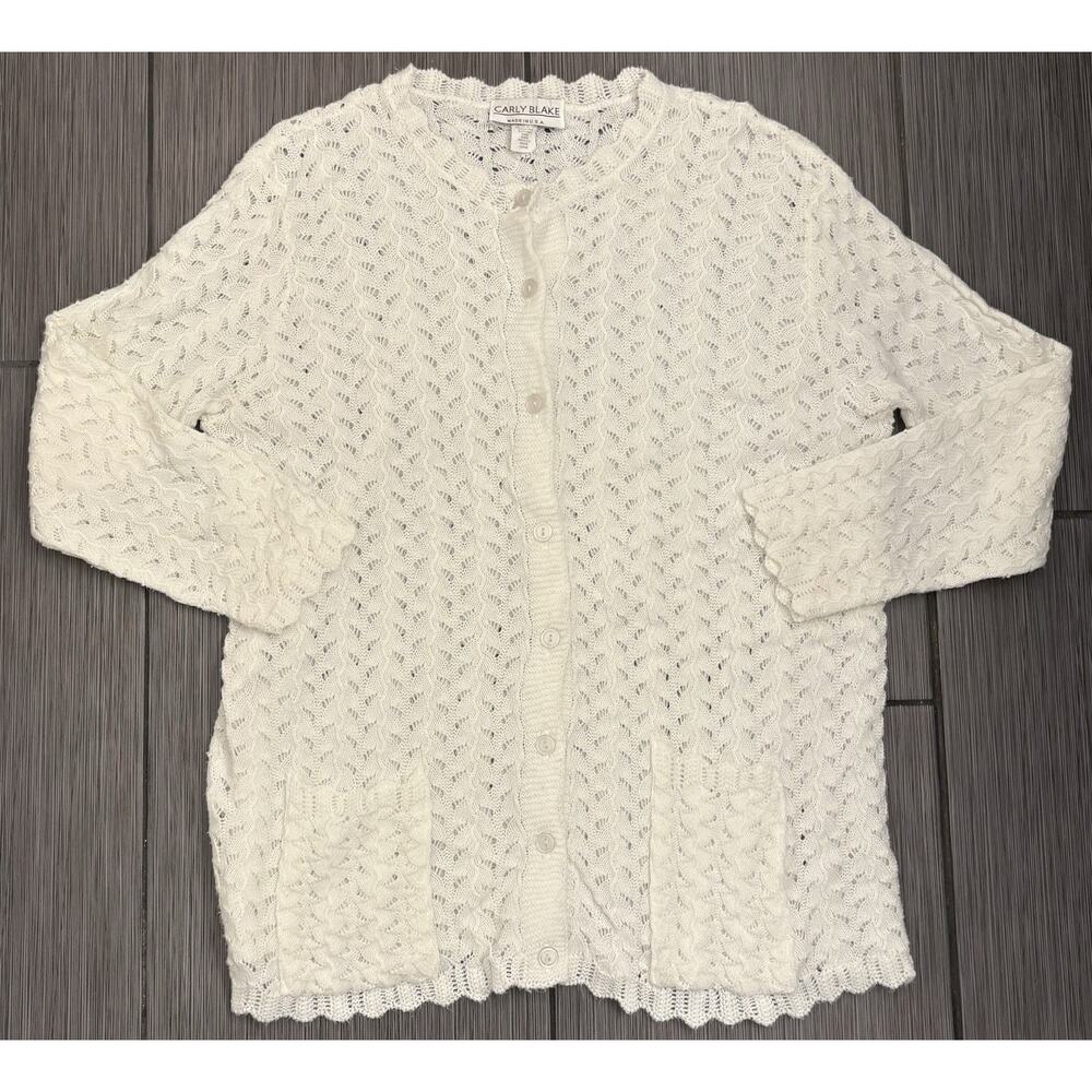 Carly Black Vintage White Open Knit Cardigan Size Petite Large Grandmacore